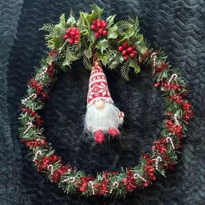Festive Christmas Wreath with Gnome holding candy cane